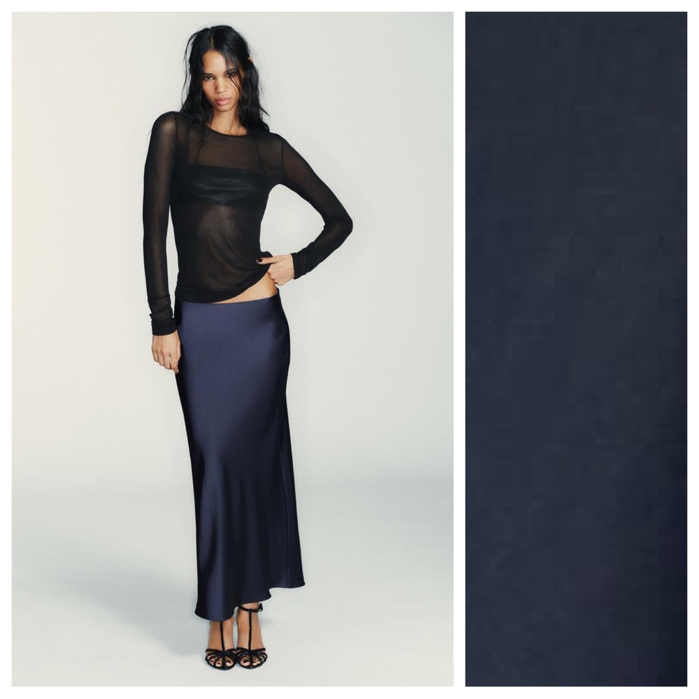 NWOT. Zara Navy Blue Satin Effect Midi Skirt. Size XS.